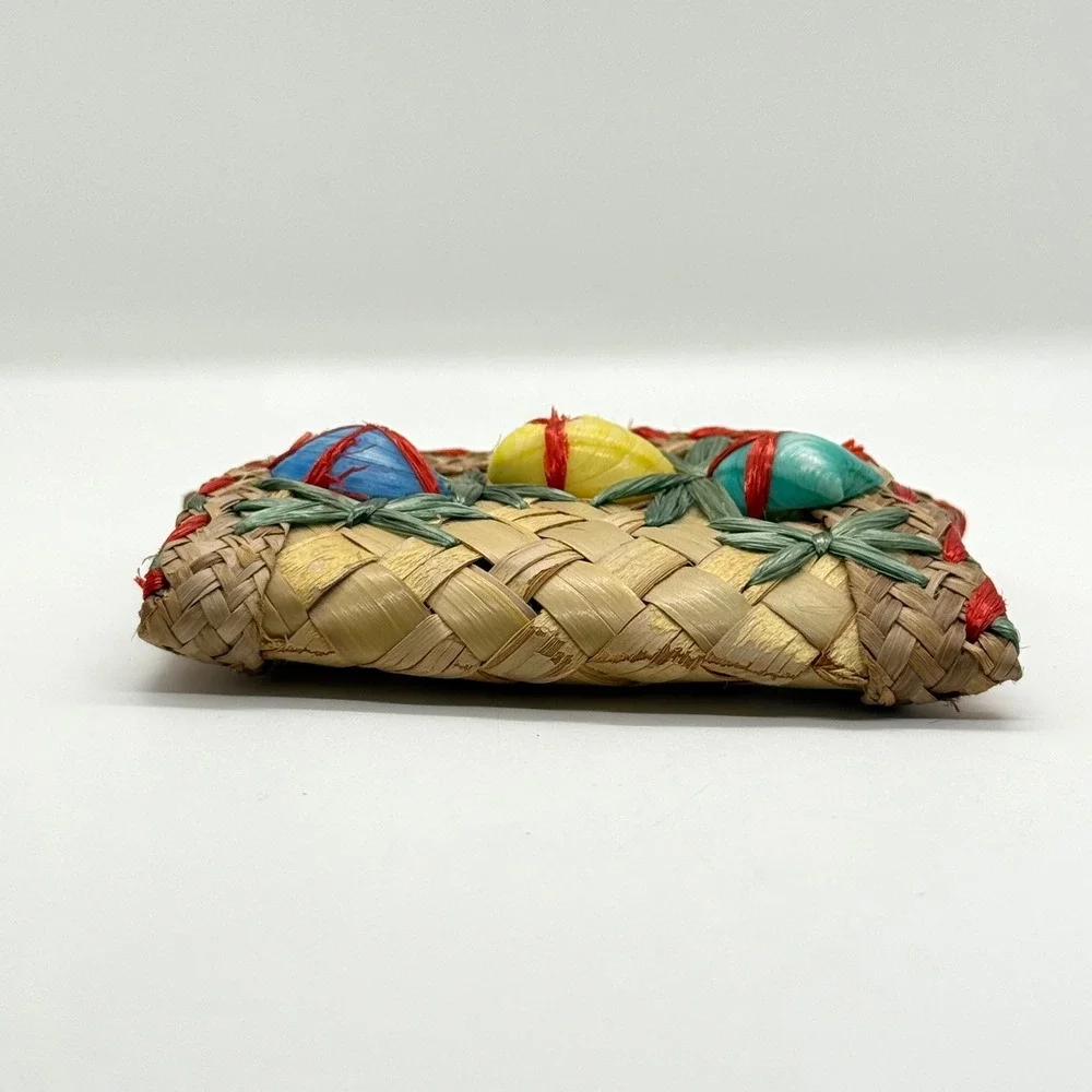 VTG Handwoven‎ Straw Raffia Shell Coin Purse Women Small Tan Multicolor Retro